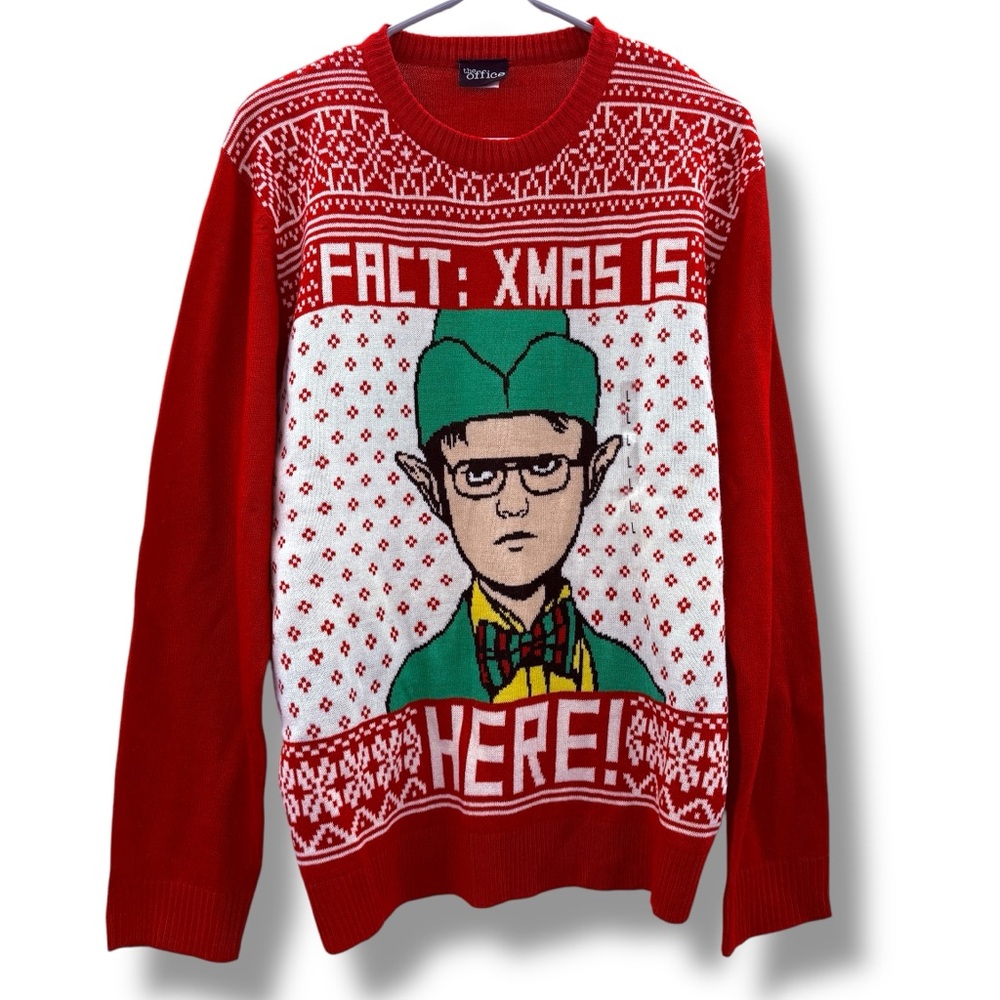 The Office Dwight Schrute Elf Ugly Christmas‎ Sweater Sz L NEW Red White Holiday
